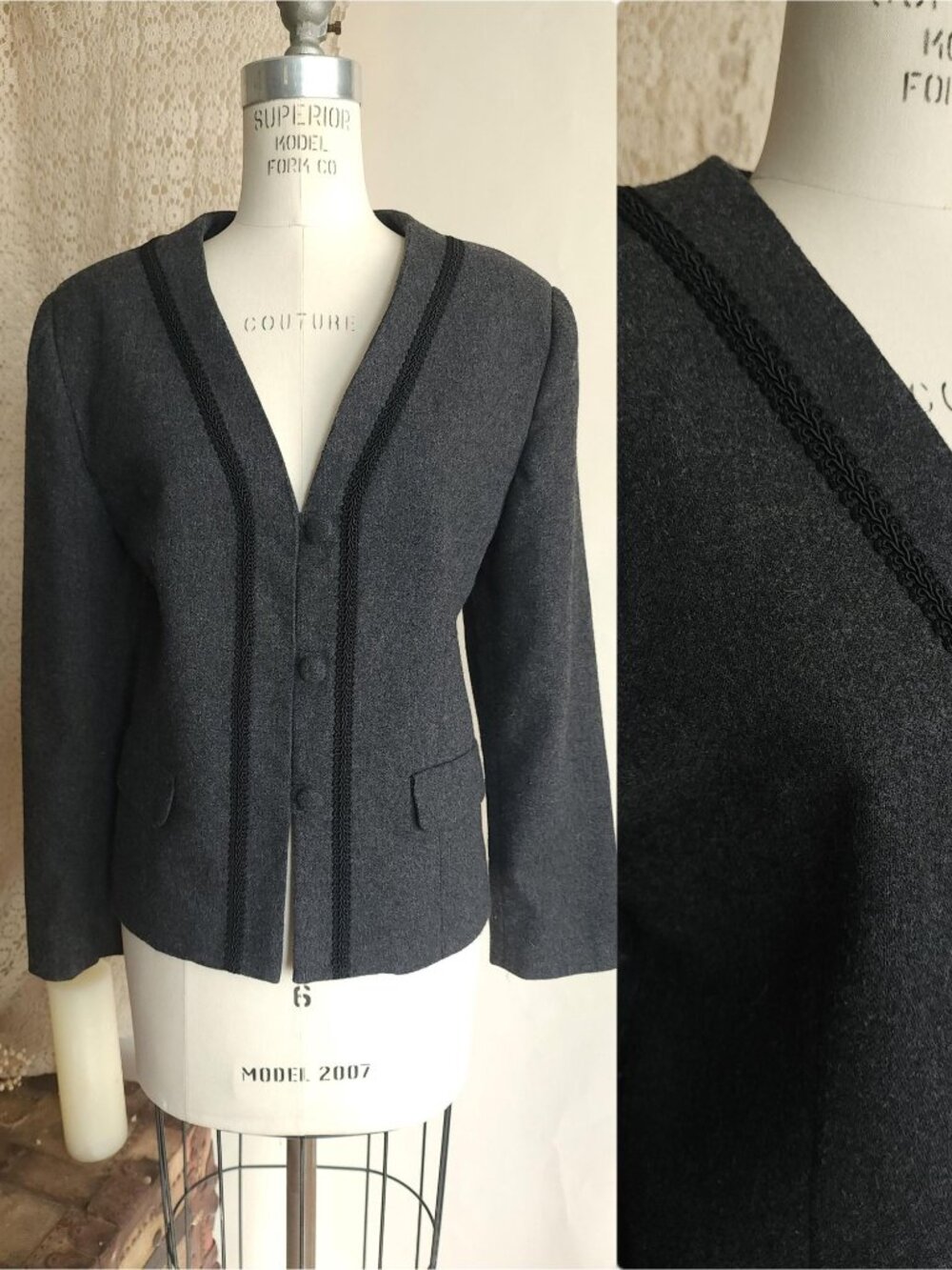 Vintage 1980s Blazer, Russ Gray Wool Jacket, Shoulder Pads Braided Trim